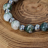 Bracelet d'agate tree/ mousse verte et hématite argenté